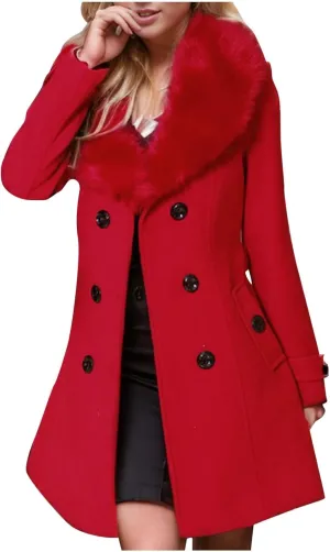 Womens Peacoat Jacket Wool Blend Coat Trendy Fleece Collar Double Breasted Trench Coat Winter Solid Belted Overcoat