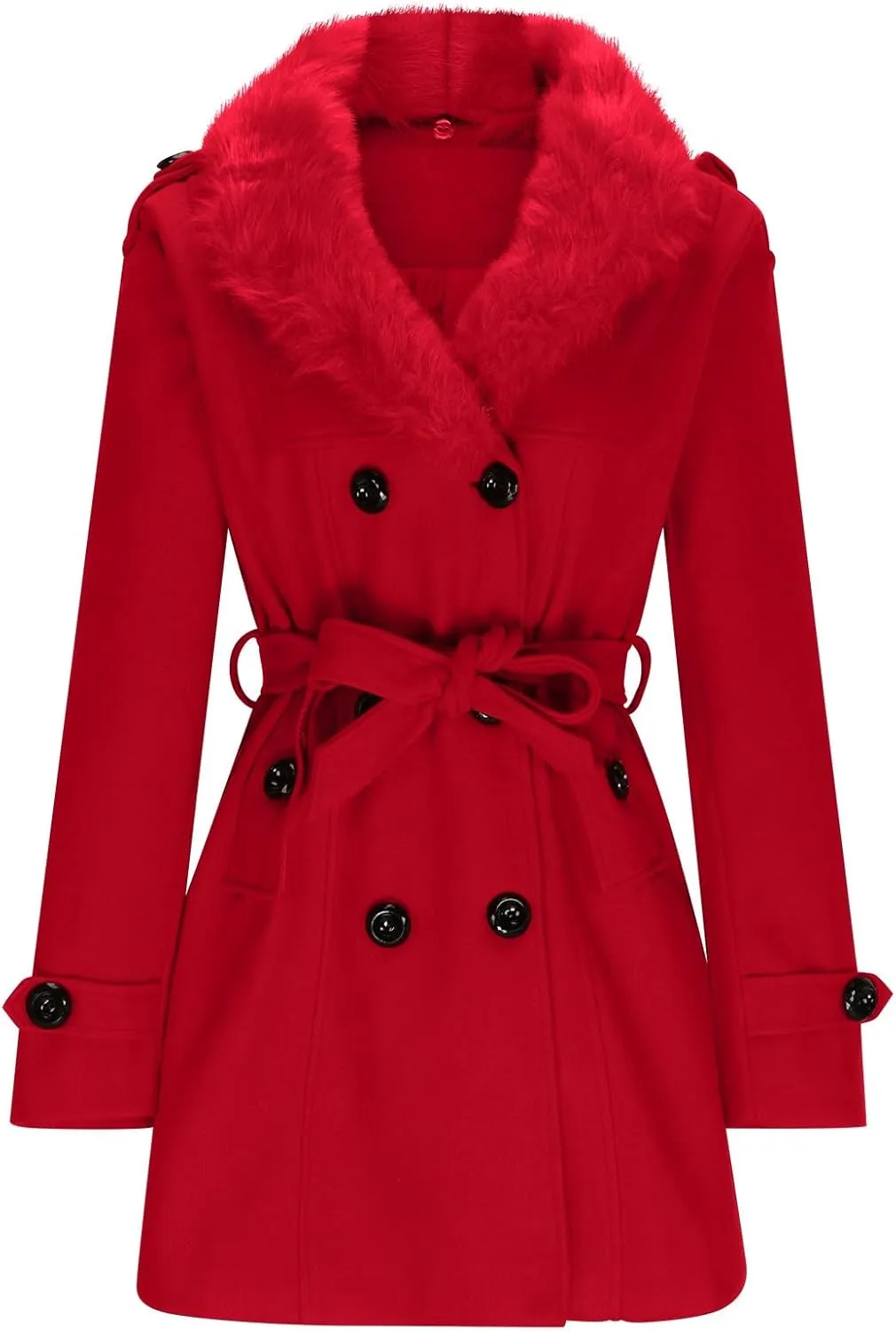 Womens Peacoat Jacket Wool Blend Coat Trendy Fleece Collar Double Breasted Trench Coat Winter Solid Belted Overcoat
