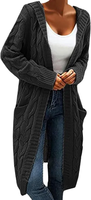 Womens Plain Chunky Open Front Cardigan with Hood Oversized Cable Knit Sweaters Solid Color Long Sweater Coats