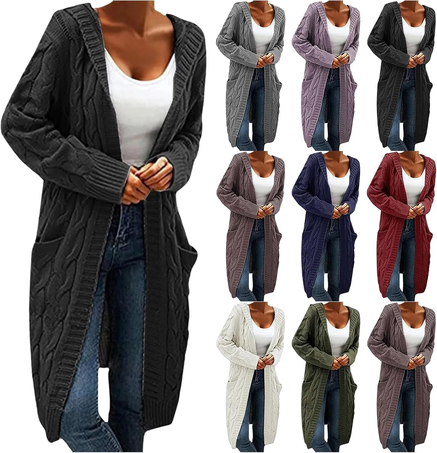 Womens Plain Chunky Open Front Cardigan with Hood Oversized Cable Knit Sweaters Solid Color Long Sweater Coats