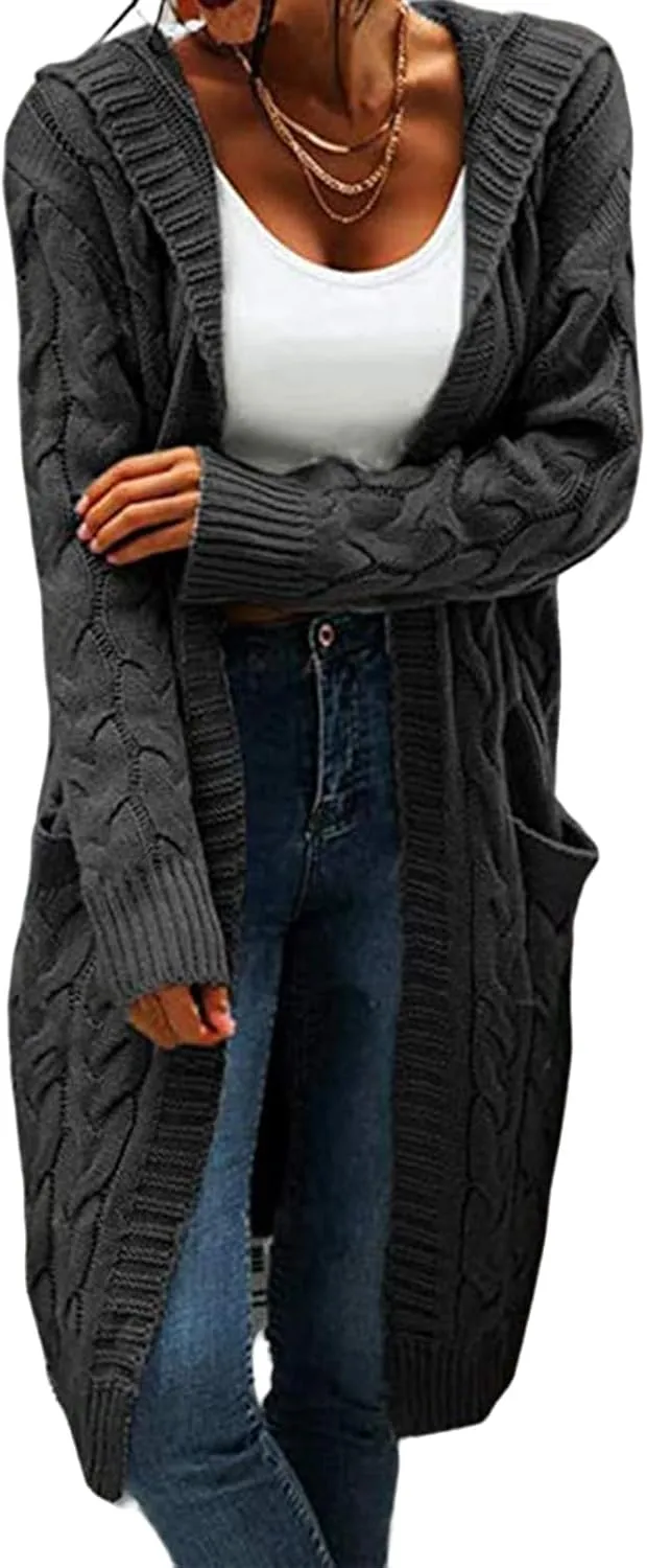 Womens Plain Chunky Open Front Cardigan with Hood Oversized Cable Knit Sweaters Solid Color Long Sweater Coats