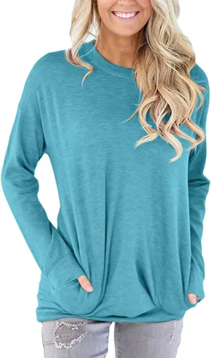 Womens Pocket Shirts Casual Loose Fit Tunic Top Comfy Cute Sweatshirts Long Sleeve Crewneck Pullovers T-Shirts