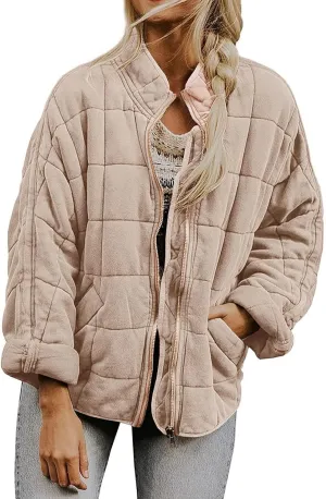 Women'S Quilted Lightweight Jackets Fall Casual Puffer Jacket Warm Winter Bomber Coats Oversized Outerwear Pockets