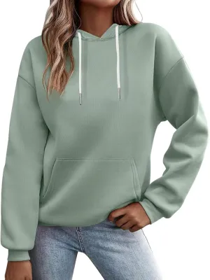 Women's Regular Fit Hoodie Solid Color Loose Drawstring Hooded Long Sleeve Pullover Tops Fall Warm Fleece Sweatshirts