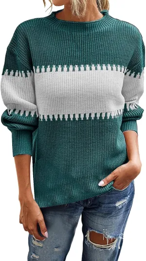 Womens Regular Fit Sweater Autumn Knitted Long Sleeve Crewneck Color Block Patchwork Loose Sweaters Fall Pullover Tops
