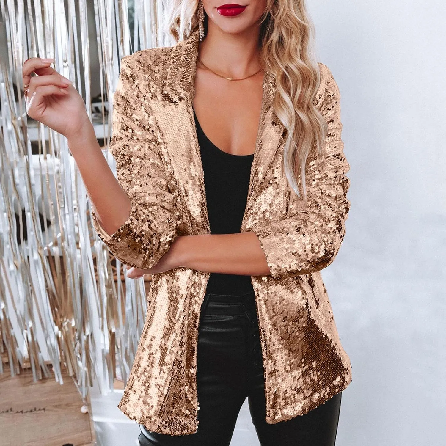 Womens Sequin Casual Blazers Lapel Long Sleeve Jacket Coat Business Open Front Cardigan Blazer 2024 Fall Party Suits