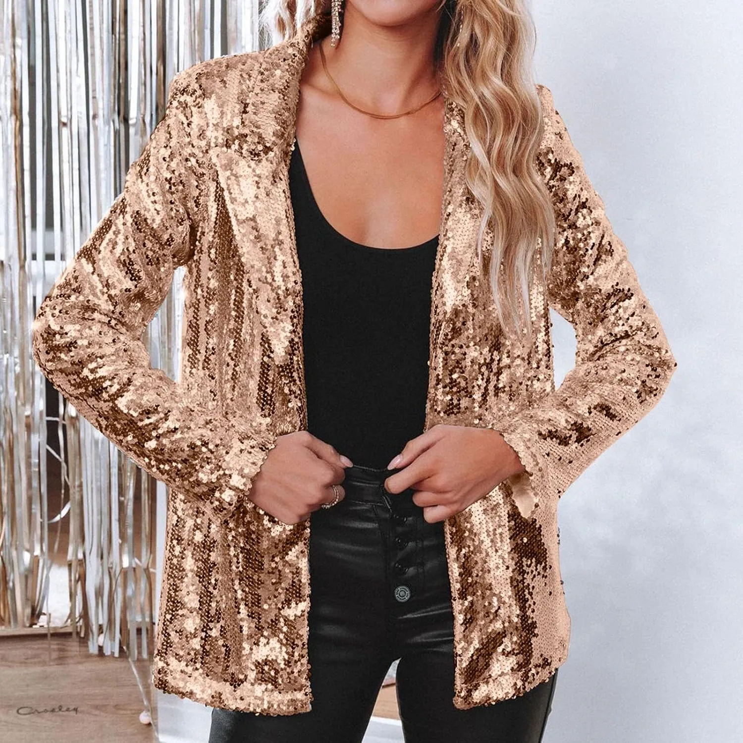 Womens Sequin Casual Blazers Lapel Long Sleeve Jacket Coat Business Open Front Cardigan Blazer 2024 Fall Party Suits