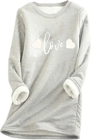 Womens Sherpa Lined Sweatshirt Fleece Warm Crewneck Long Sleeve Heart Graphic Soft Pullover Winter Thermal Loungewear