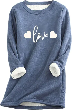 Womens Sherpa Lined Sweatshirt Fleece Warm Crewneck Long Sleeve Heart Graphic Soft Pullover Winter Thermal Loungewear