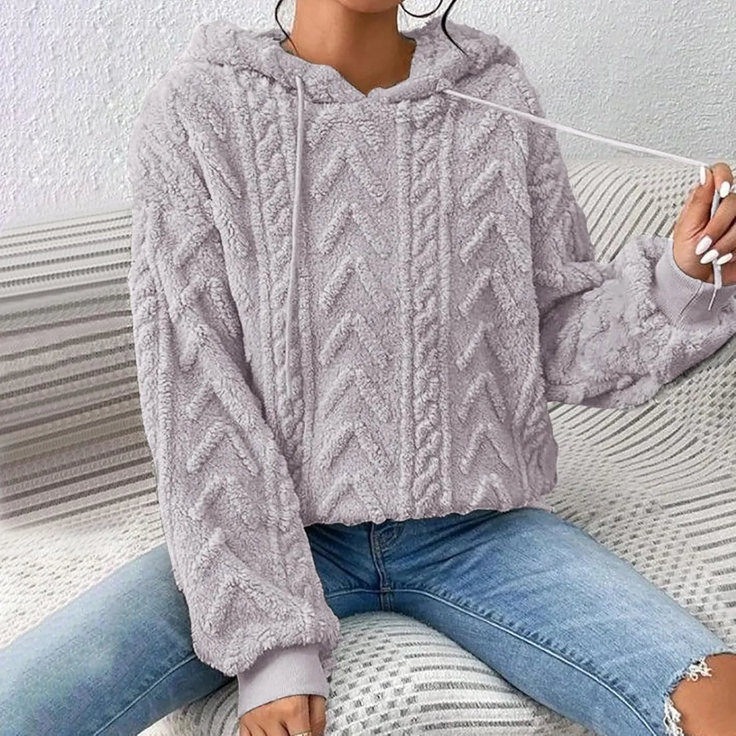 Women’s Slub Knit Full-Zip Hoodie Women's Solid Plush Spliced Women's New Long Sleeve Pullover Fall Outfits with