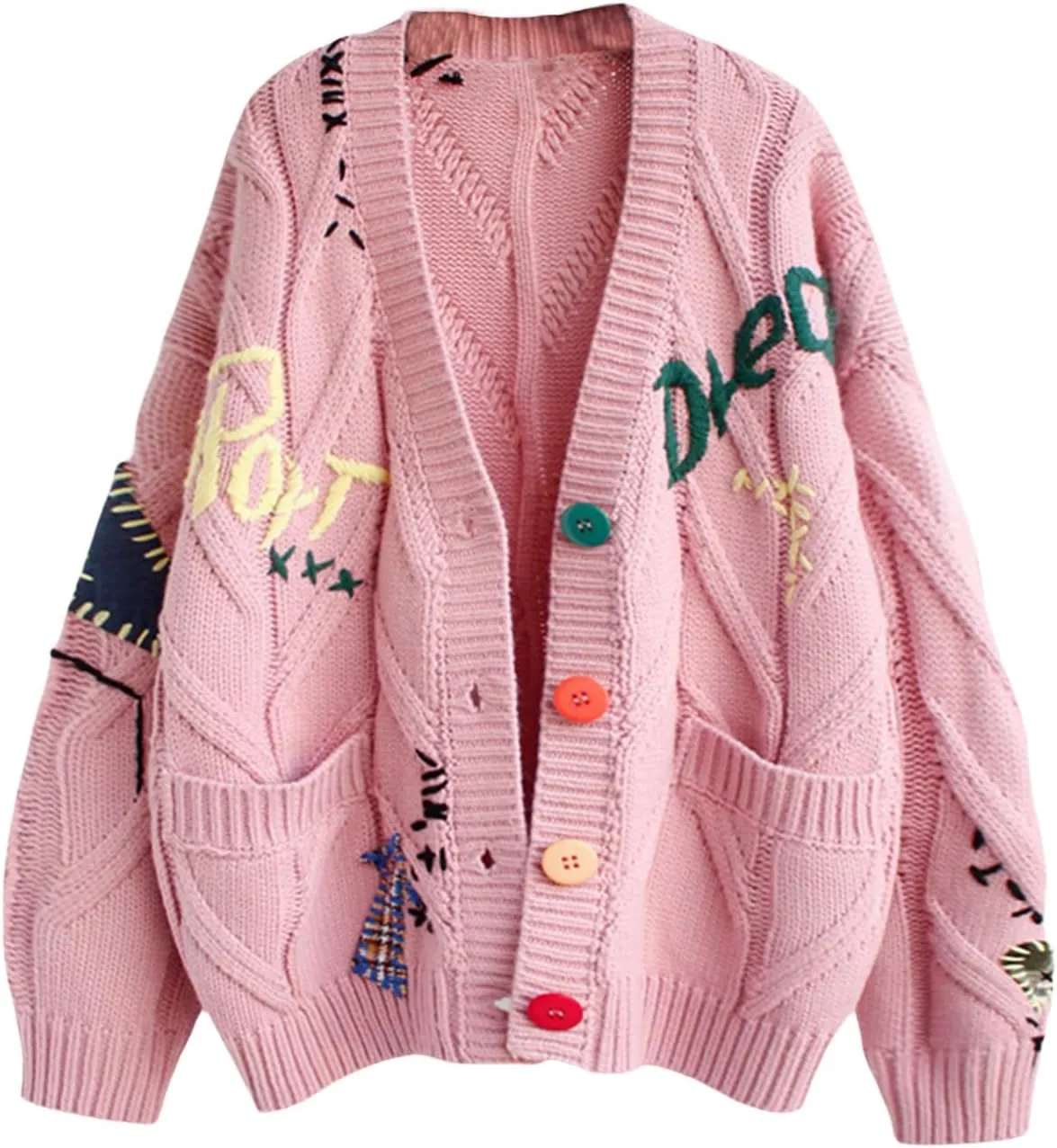 Womens Soft Cable Knit Cardigans Fall 2023 Long Sleeve Open Front Cardigan Button Down Embroidery Wool Blend Sweater