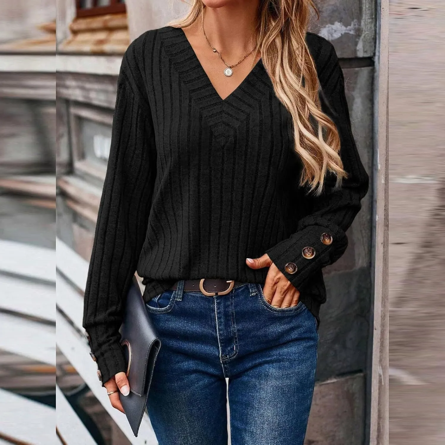 Womens Soft Long Sleeve V Neck Shirts Knitted Pullover Tunics Tops Casual Fall Lightweight Cozy Sweaters 2024