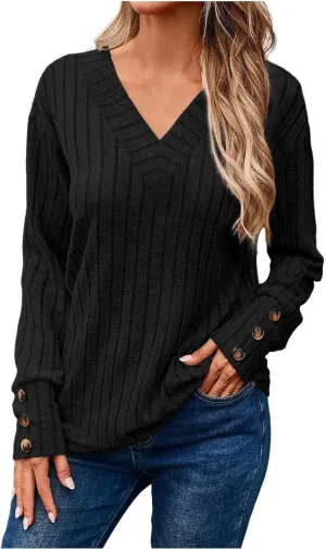 Womens Soft Long Sleeve V Neck Shirts Knitted Pullover Tunics Tops Casual Fall Lightweight Cozy Sweaters 2024