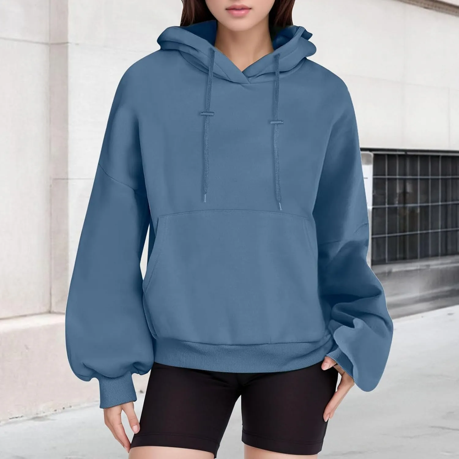 Women's Solid Color Hoodie Oversized Loose Long Sleeve Drawstring Hooded Pullover Sweatshirts Thick Warm Sports Tops