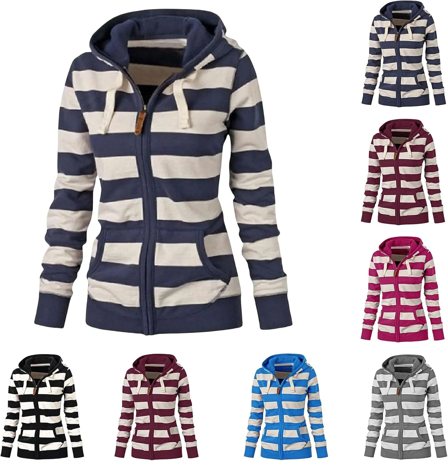 Womens Striped Hooded Jackets Zip Up Hoodie Casual Fashion Sweatshirts Long Sleeve Windproof Fall Winter New Tops