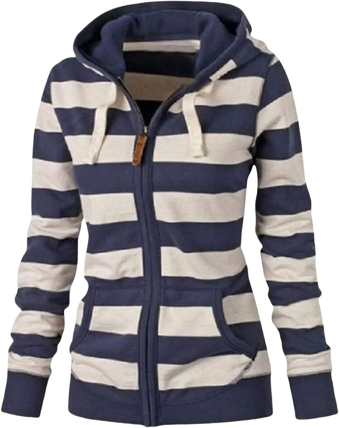 Womens Striped Hooded Jackets Zip Up Hoodie Casual Fashion Sweatshirts Long Sleeve Windproof Fall Winter New Tops