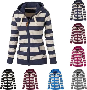 Womens Striped Hooded Jackets Zip Up Hoodie Casual Fashion Sweatshirts Long Sleeve Windproof Fall Winter New Tops