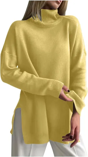 Womens Sweaters Fall 2024 Turtleneck Long Sleeves Side Slit Loose Fit Pullover Tops Solid Color Comfy Soft Clothes