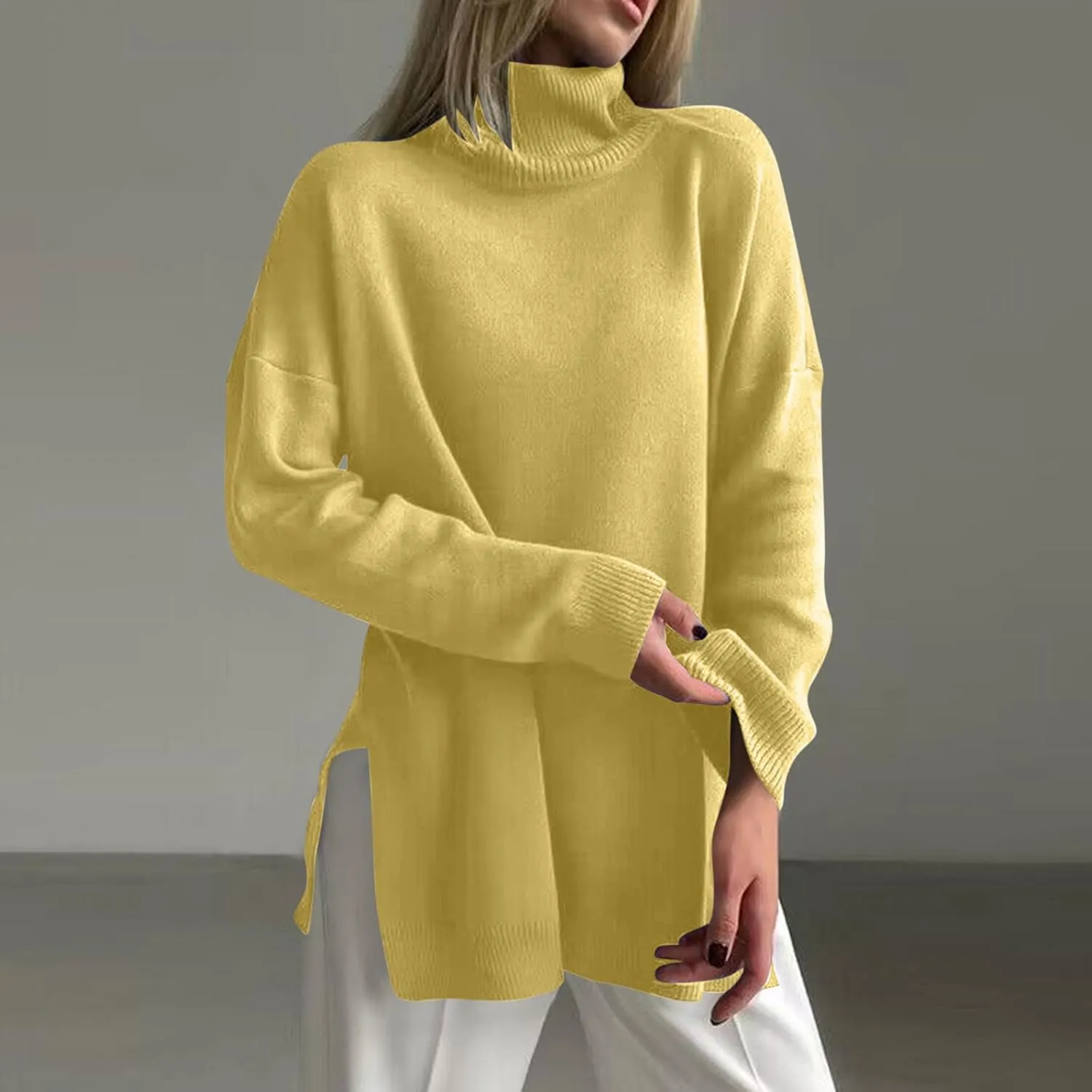 Womens Sweaters Fall 2024 Turtleneck Long Sleeves Side Slit Loose Fit Pullover Tops Solid Color Comfy Soft Clothes
