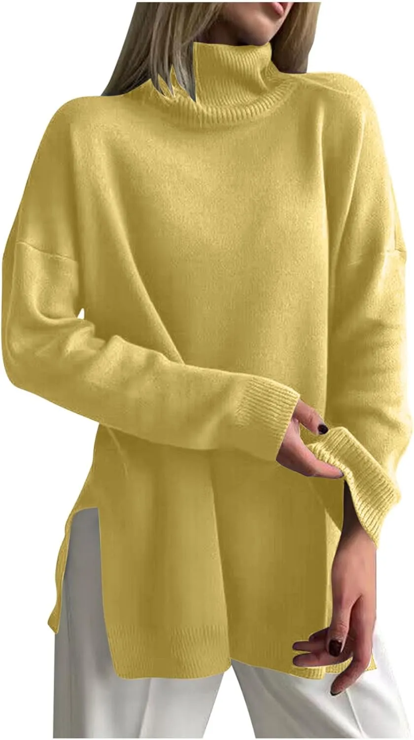 Womens Sweaters Fall 2024 Turtleneck Long Sleeves Side Slit Loose Fit Pullover Tops Solid Color Comfy Soft Clothes