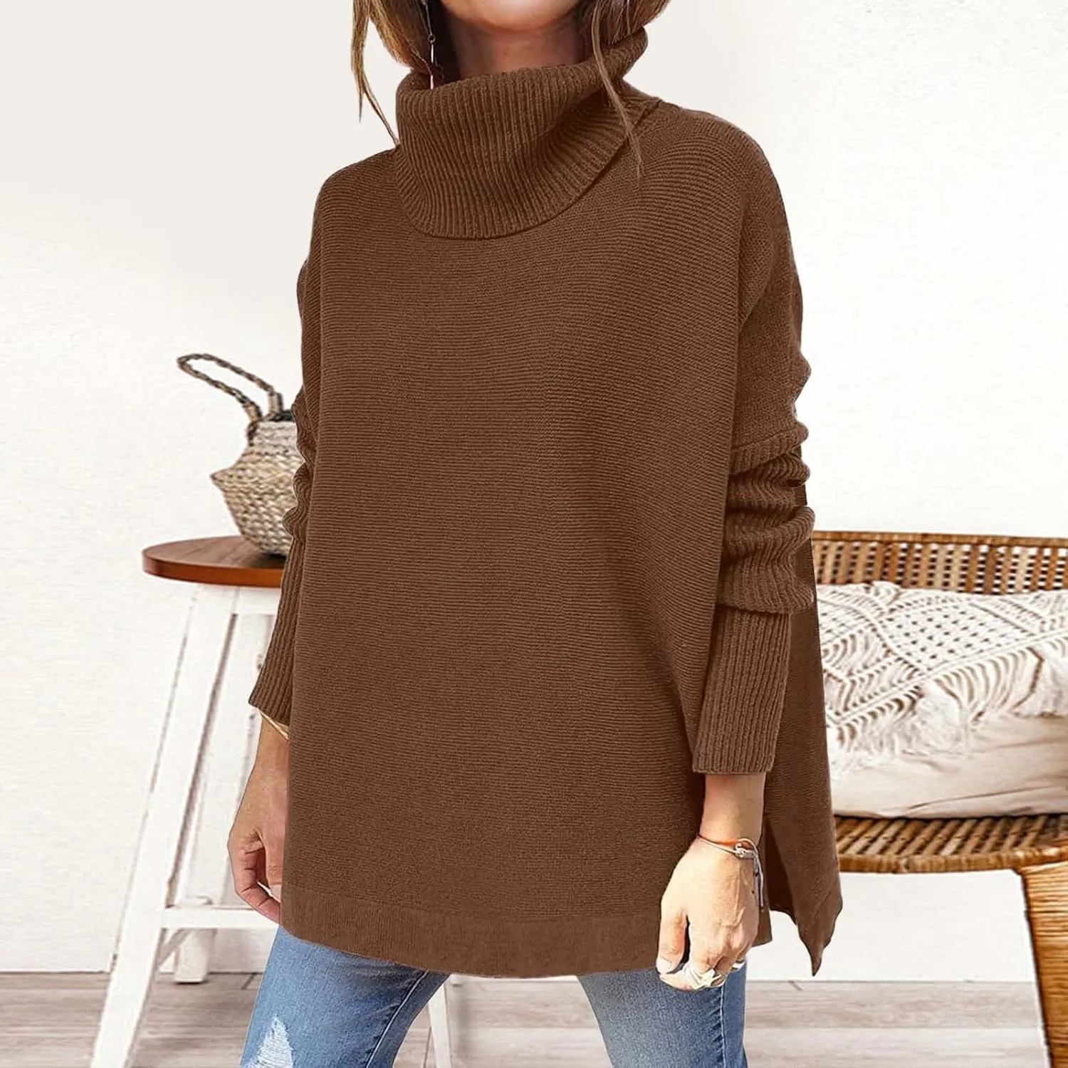 Womens Sweaters Turtleneck Batwing Sleeve Loose Oversized Sweaters Chunky Knitted Pullover Sweaters for Women