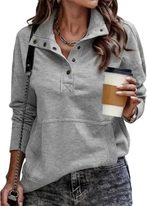 Women's Sweatshirt Casual Long Sleeve Lightweight Sweatshirts Snap Button Up Lapel Loose Pullover Tops for Women