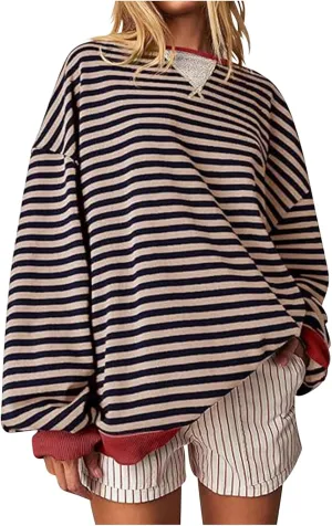 Womens Sweatshirt Casual Striped Color Block Crewneck Pullover Tops Fleece Soft Cofmy Clothes 2024 Fshion Fall Tops