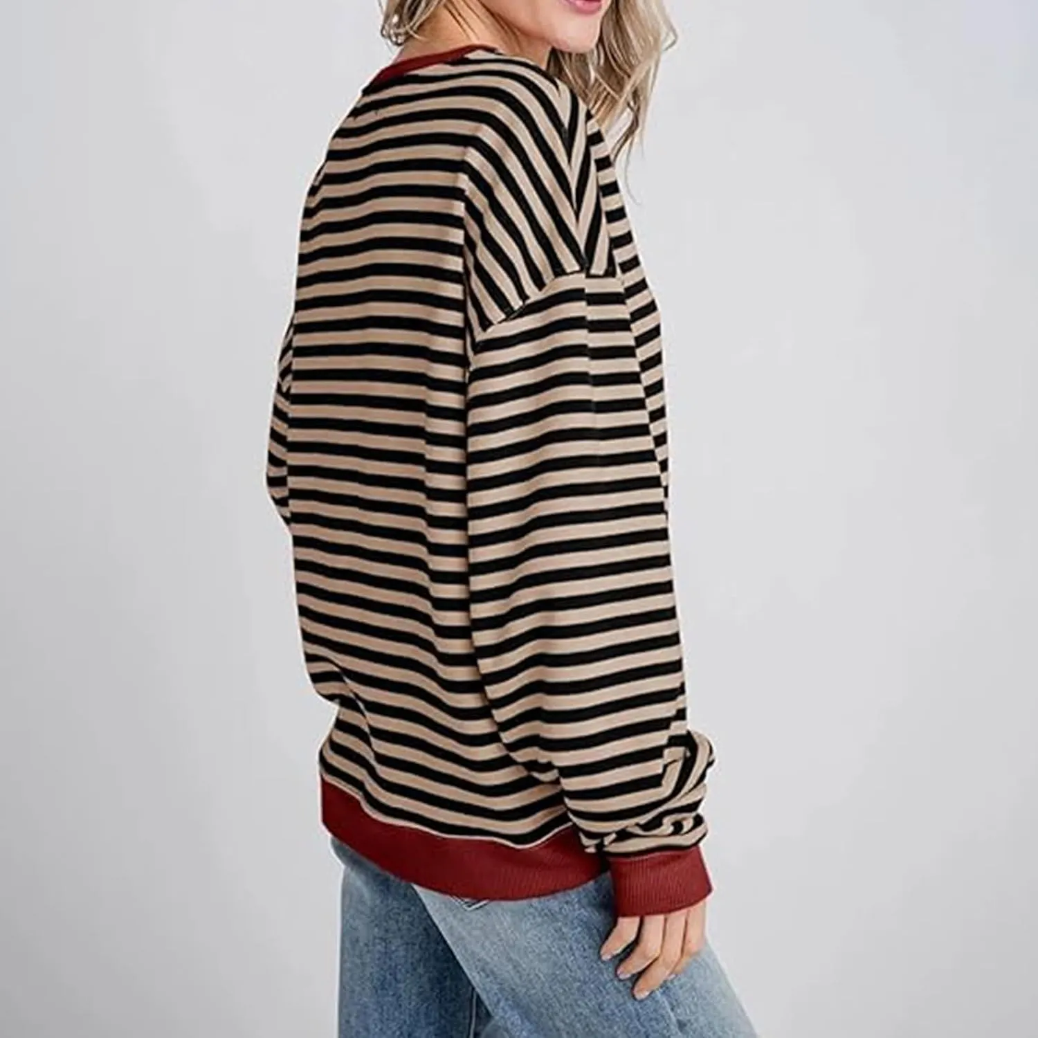 Womens Sweatshirt Casual Striped Color Block Crewneck Pullover Tops Fleece Soft Cofmy Clothes 2024 Fshion Fall Tops