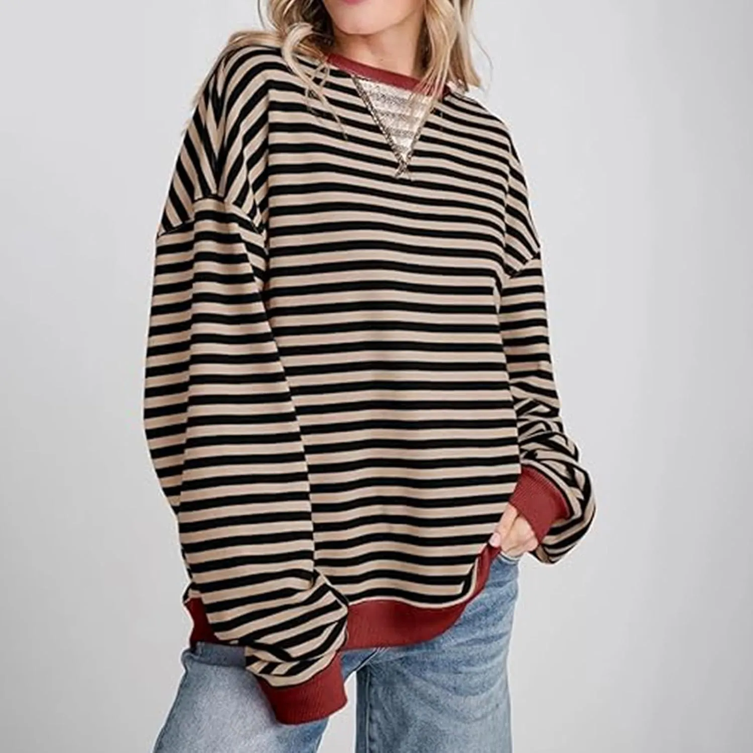 Womens Sweatshirt Casual Striped Color Block Crewneck Pullover Tops Fleece Soft Cofmy Clothes 2024 Fshion Fall Tops