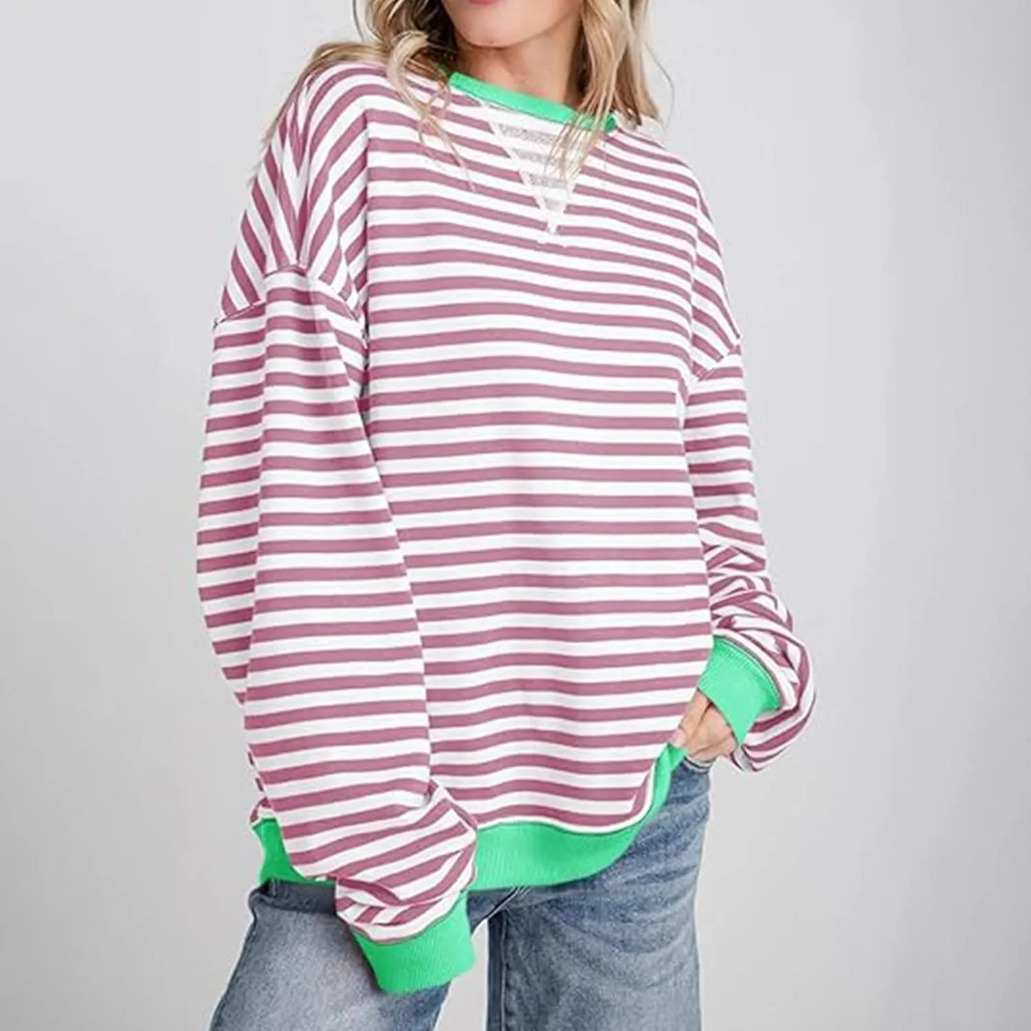Womens Sweatshirt Casual Striped Color Block Crewneck Pullover Tops Fleece Soft Cofmy Clothes 2024 Fshion Fall Tops