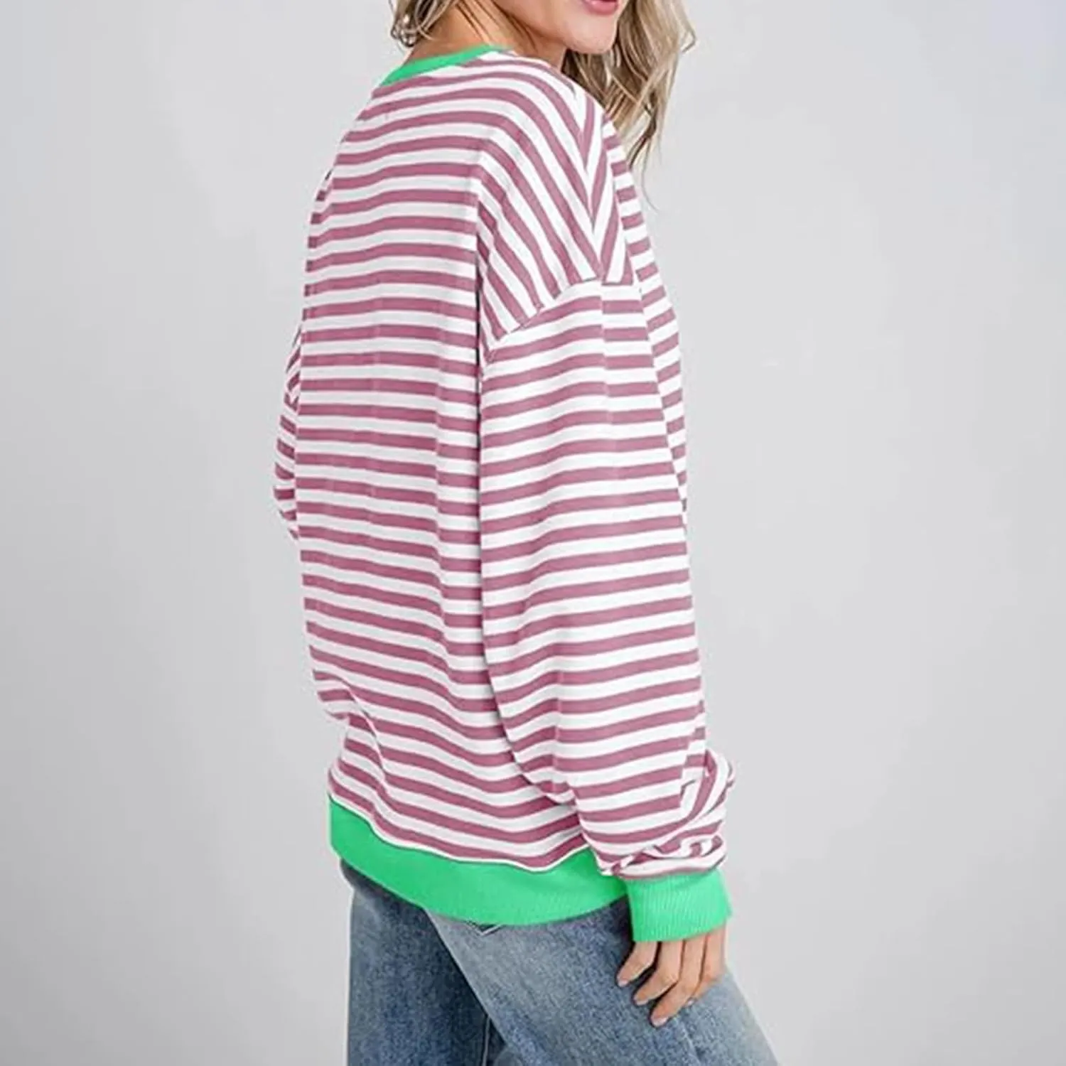 Womens Sweatshirt Casual Striped Color Block Crewneck Pullover Tops Fleece Soft Cofmy Clothes 2024 Fshion Fall Tops