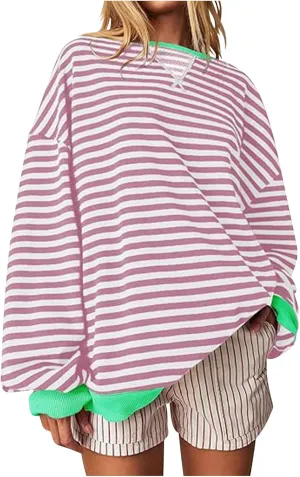 Womens Sweatshirt Casual Striped Color Block Crewneck Pullover Tops Fleece Soft Cofmy Clothes 2024 Fshion Fall Tops