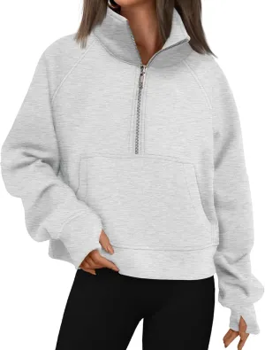 Womens Sweatshirt Half Zip Cropped Hoodie Pullover Fleece Quarter Zipper Sweatshirts 2025 Fashion Clothes Thumb Hole