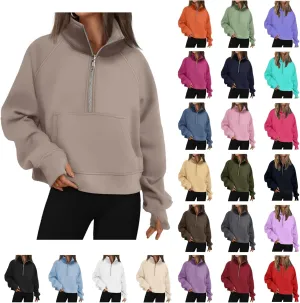 Womens Sweatshirt Half Zip Cropped Hoodie Pullover Fleece Quarter Zipper Sweatshirts 2025 Fashion Clothes Thumb Hole