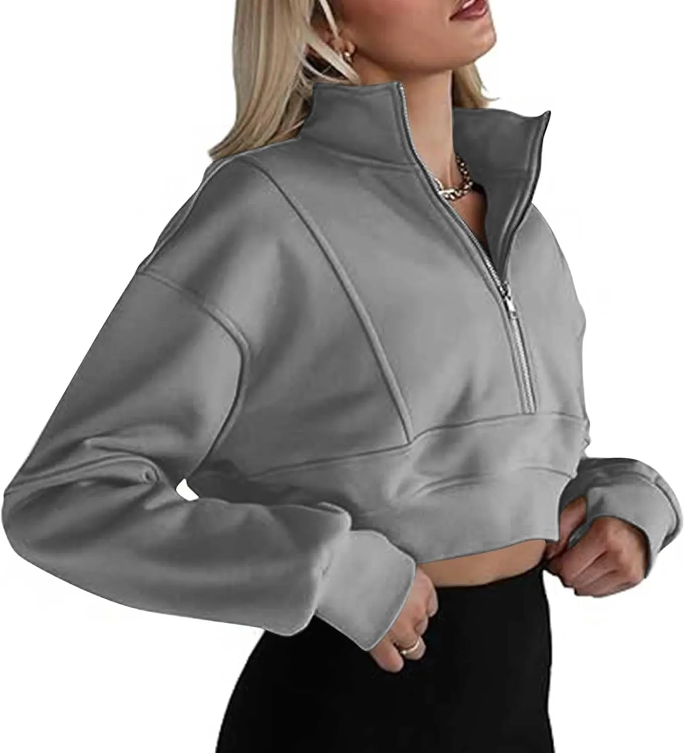 Womens Sweatshirt Half Zip Cropped Pullover Sweatshirts Stand Collar Pullover Tops With Thumb Hole Fleece Soft Outfits