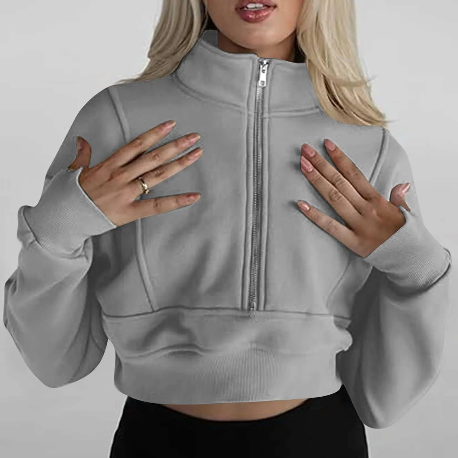 Womens Sweatshirt Half Zip Cropped Pullover Sweatshirts Stand Collar Pullover Tops With Thumb Hole Fleece Soft Outfits