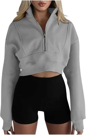 Womens Sweatshirt Half Zip Cropped Pullover Sweatshirts Stand Collar Pullover Tops With Thumb Hole Fleece Soft Outfits
