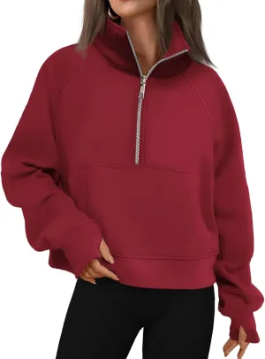 Womens Sweatshirt Half Zip Pullover Fleece Hoodie Quarter Zipper Cropped Sweatshirt Fall Outfits Clothes Thumb Hole