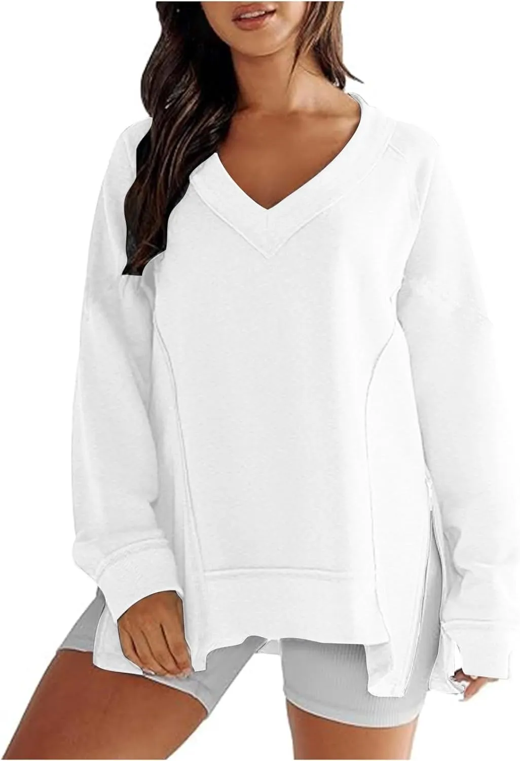 Women's Sweatshirt Side Slit Zipper Pullover V Neck Fleece Sweater for Women Oversized Sweatshirt Trendy Fall Tops