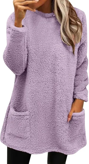 Women's Sweatshirts Fuzzy Fleece hoodie Crew Neck Long Sleeve Sherpa Pullover Tops Warm Soft Winter Fall Blouse