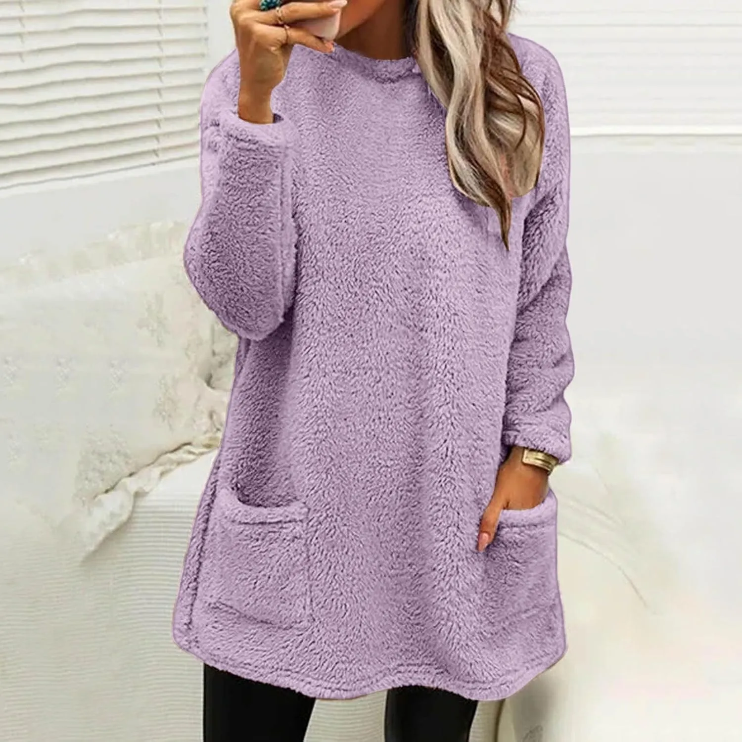 Women's Sweatshirts Fuzzy Fleece hoodie Crew Neck Long Sleeve Sherpa Pullover Tops Warm Soft Winter Fall Blouse