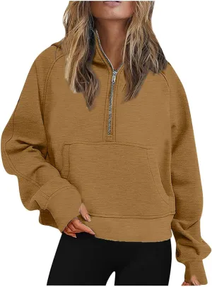 Womens Sweatshirts Half Zip Cropped Pullover Fleece Quarter Zipper Hoodies Fall Fashion Outfits With Pocket