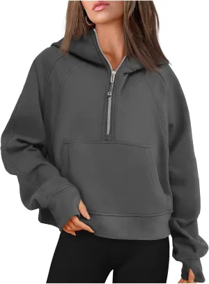 Womens Sweatshirts Half Zip Cropped Pullover Fleece Quarter Zipper Hoodies Spring Outfits Clothes Thumb Hole