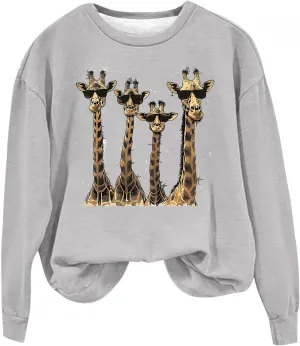 Womens Sweatshirts Pullover Long Sleeve Crewneck Cute Giraffe Graphic Tops Fashion Casual Loose Fleece Sweater Blouses