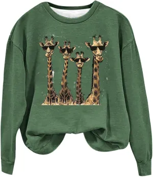 Womens Sweatshirts Pullover Long Sleeve Crewneck Cute Giraffe Graphic Tops Fashion Casual Loose Fleece Sweater Blouses