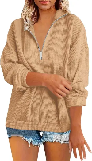 Womens Sweatshirts Waffle Lapel Collar Quarter Zip Up Loose Long Sleeve Lightweight Hoodies Autumn Casual Workout Top