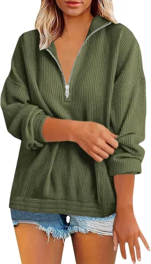 Womens Sweatshirts Waffle Lapel Collar Quarter Zip Up Loose Long Sleeve Lightweight Hoodies Autumn Casual Workout Top