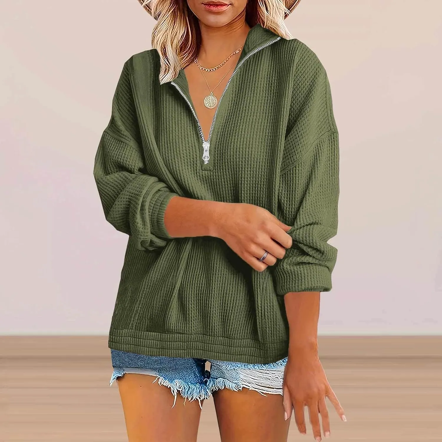 Womens Sweatshirts Waffle Lapel Collar Quarter Zip Up Loose Long Sleeve Lightweight Hoodies Autumn Casual Workout Top