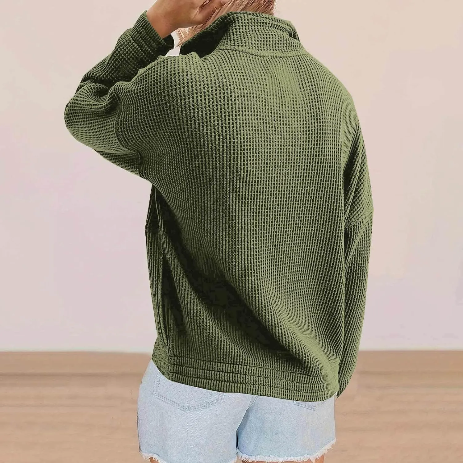 Womens Sweatshirts Waffle Lapel Collar Quarter Zip Up Loose Long Sleeve Lightweight Hoodies Autumn Casual Workout Top