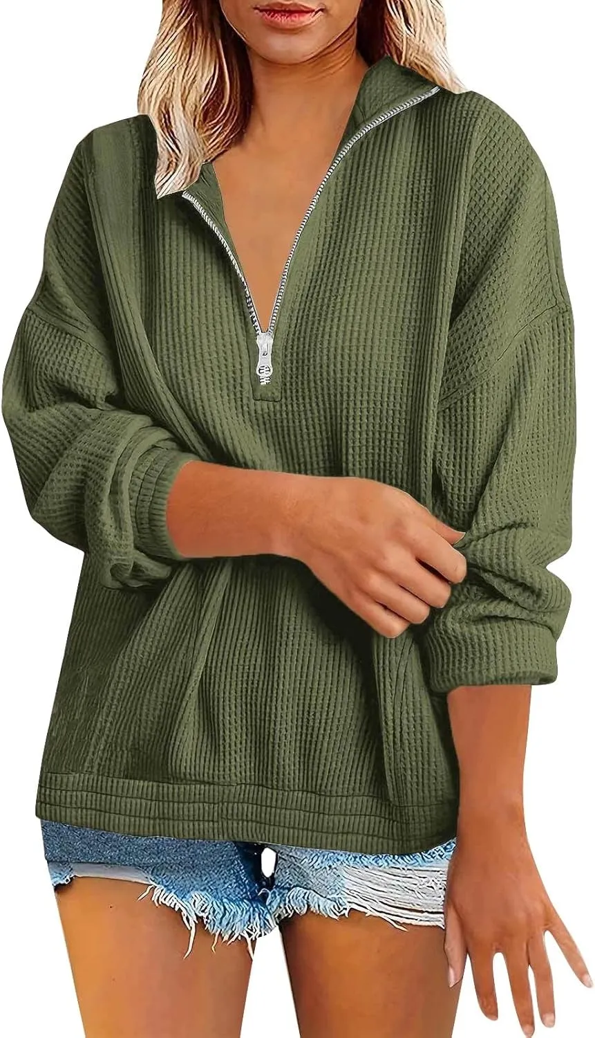 Womens Sweatshirts Waffle Lapel Collar Quarter Zip Up Loose Long Sleeve Lightweight Hoodies Autumn Casual Workout Top